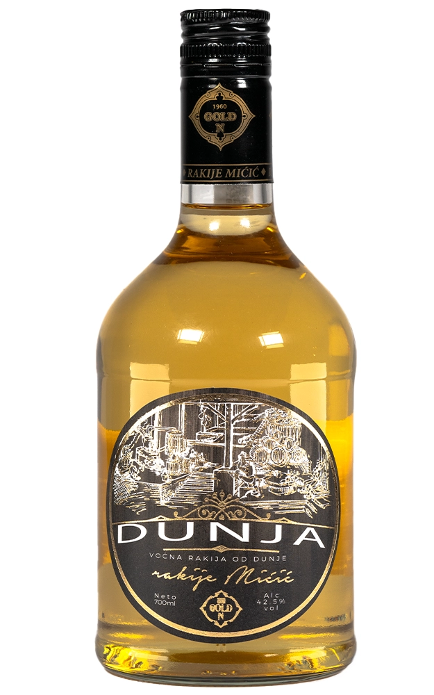 Staklena boca premium rakije od dunje od 700 ml sa zlatno-žutom tečnošću i dekorativnom etiketom.