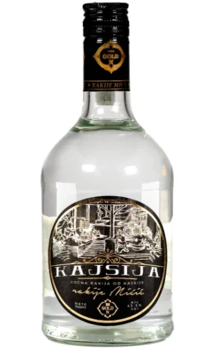 Staklena boca premium rakije od kajsije od 700 ml sa svetložutom tečnošću i dekorativnom etiketom.